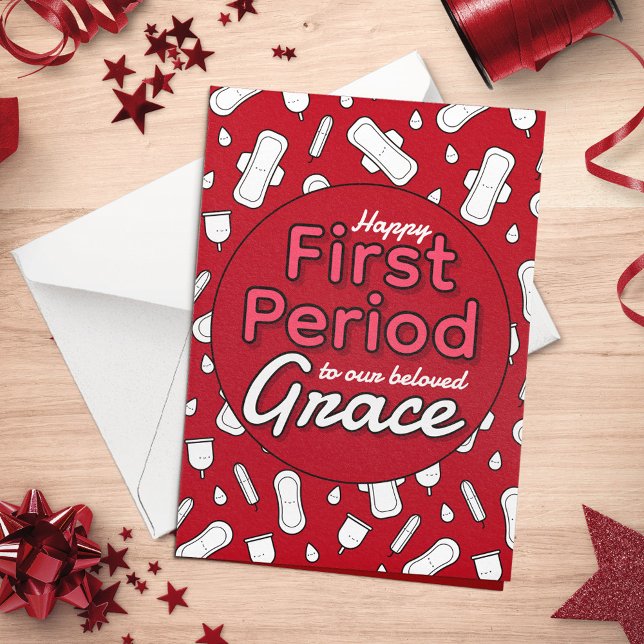 Red Cartoon Pad Tampon Teen Girl Erster Zeitraum Karte (Red Cartoon Pad Tampon Teen Girl First Period Card)
