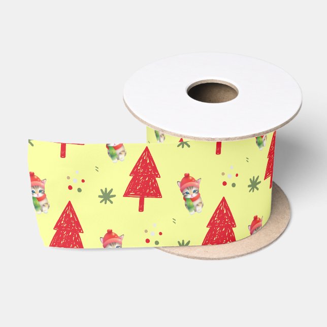 Red Cat Santa Xmas tree Nahtloses Muster Satinband (Spule)