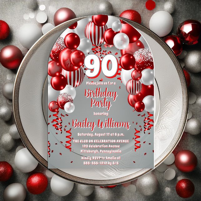 Red Celebration Balloons 90. Geburtstagsparty Acryleinladungen (Red, Silver Tone and White  Celebration Balloons "90" 90th Birthday Party Acrylic Invitation)