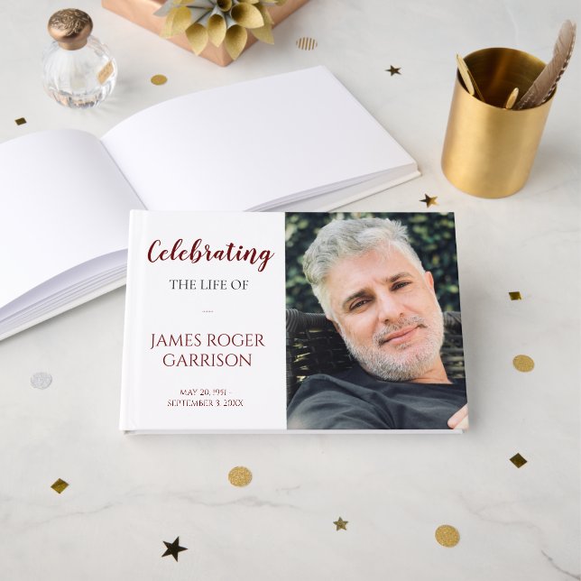 Red Celebration of Life Memorial Foto Gästebuch (Vorderseite Offen)