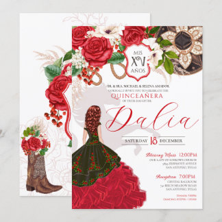 Red Charro Quinceañera Rose Floral Wappen Western Einladung