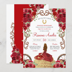 Red Charro Rustikaler Western Floral Quinceañera Einladung