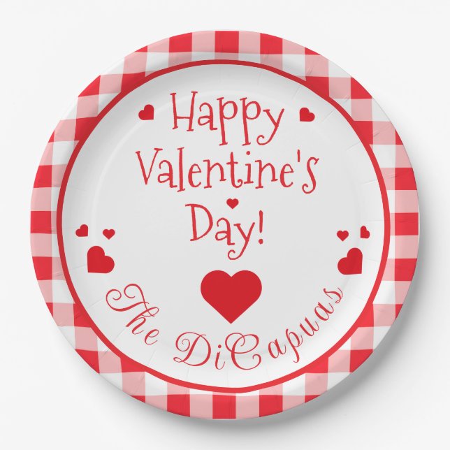 Red Check Red Hearts Whimsical Valentine's Day Pappteller (Vorderseite)