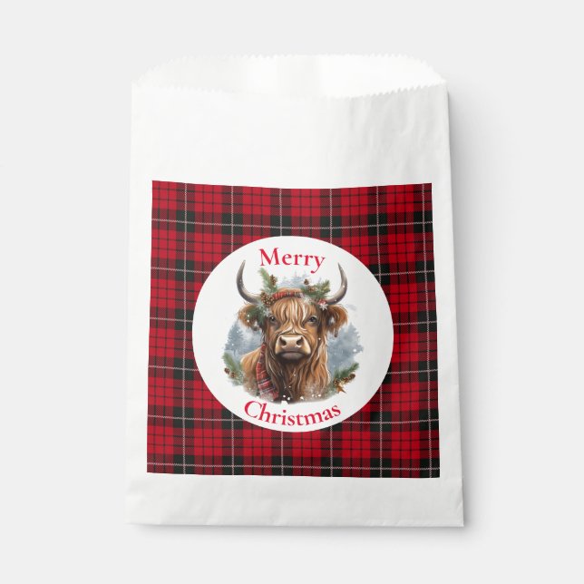 Red Checked Christmas Highlander Cow Geschenktütchen (Vorderseite)