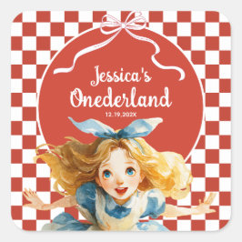 Red Checkered Alice in ONEDERLAND 1st Birthday  Quadratischer Aufkleber