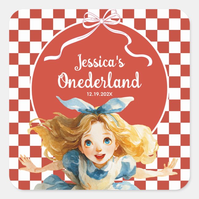 Red Checkered Alice in ONEDERLAND 1st Birthday  Quadratischer Aufkleber (Vorderseite)