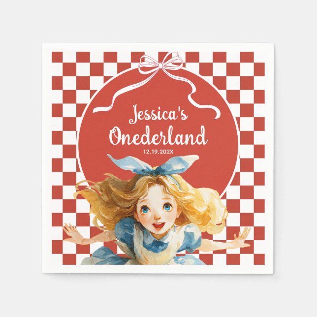 Red Checkered Alice in ONEDERLAND 1st Birthday Serviette (Vorderseite)