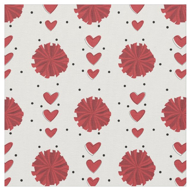 Red Cheerleader Pom Poms & Hearts Muster Stoff (Nahaufnahme)