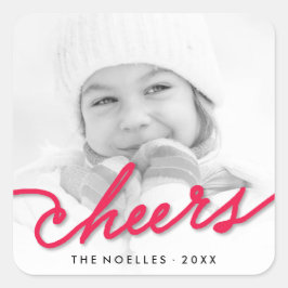 Red Cheers Calligraphy Script Modernes Foto Holida Quadratischer Aufkleber