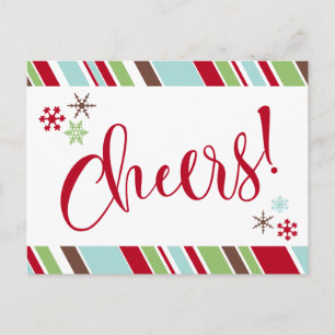 Red Cheers Holiday Snowflakes & Diagonal Stripes Feiertagspostkarte
