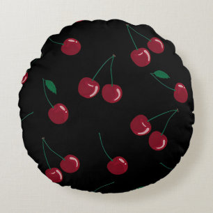 Red Cherries Black Round Accent Pillow Rundes Kissen