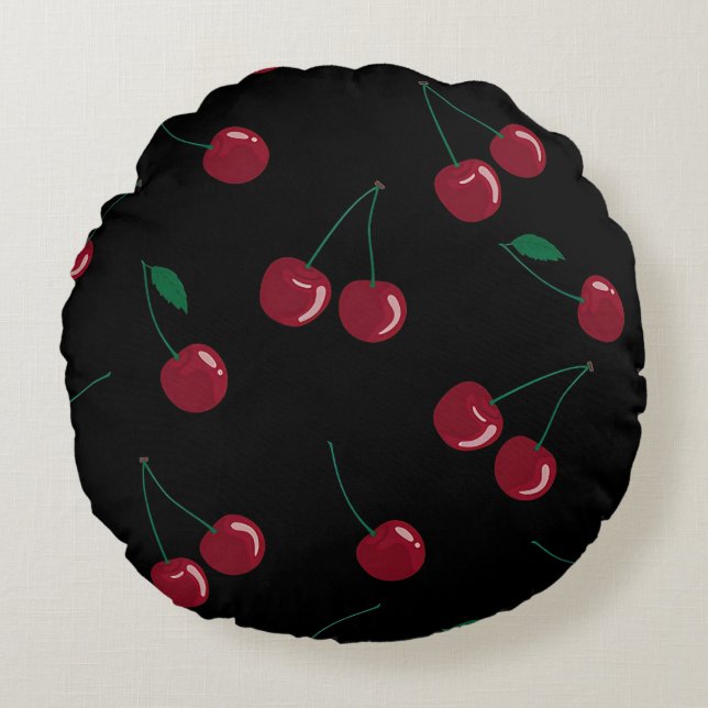 Red Cherries Black Round Accent Pillow Rundes Kissen (Vorderseite)