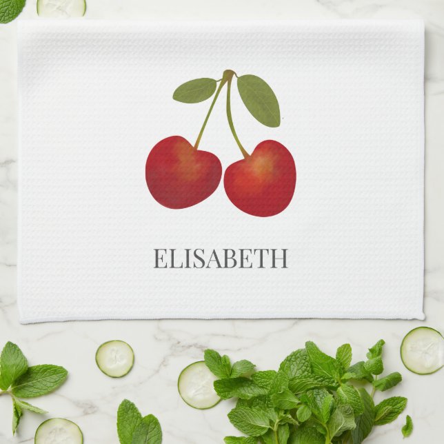 Red Cherries Frucht Personalisierter Name Geschirrtuch (Gefaltet)