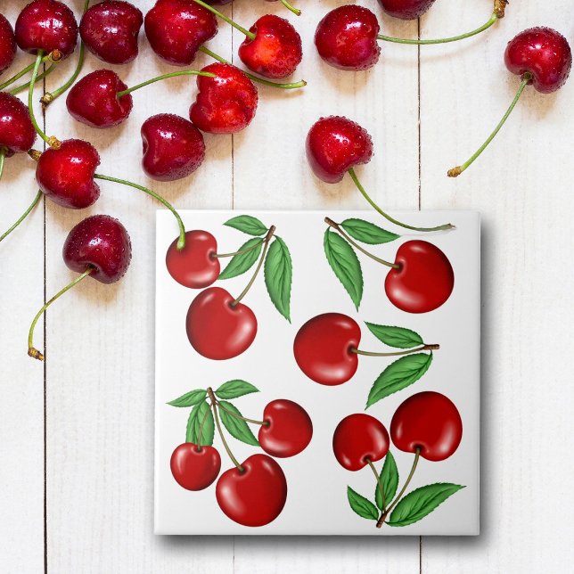 Red Cherries Fruchtmuster Fliese (Cherries ceramic tile, great for kitchen backsplash, tabletops or buy optional frame for wall decor.)