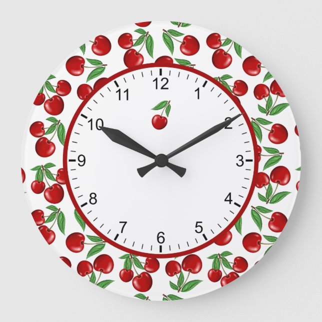 Red Cherries Graphic All Over Pattern Large Clock Große Wanduhr (Vorderseite)