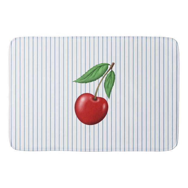 Red Cherries on Blue Stripes Pattern Badematte (Vorderseite)