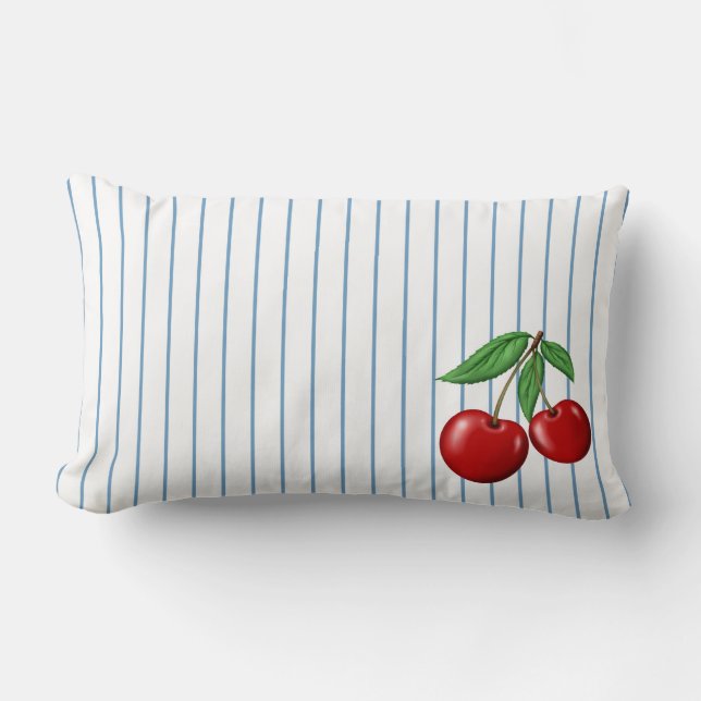 Red Cherries on Blue Stripes Pattern Lendenkissen (Vorderseite)