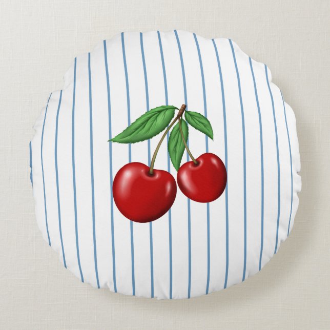 Red Cherries on Blue Stripes Pattern Rundes Kissen (Vorderseite)