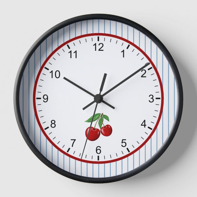 Red Cherries on Blue Stripes Retro Style Gerahmt Uhr (Vorderseite)