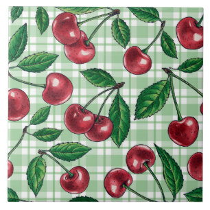 Red cherries on light green gingham fliese