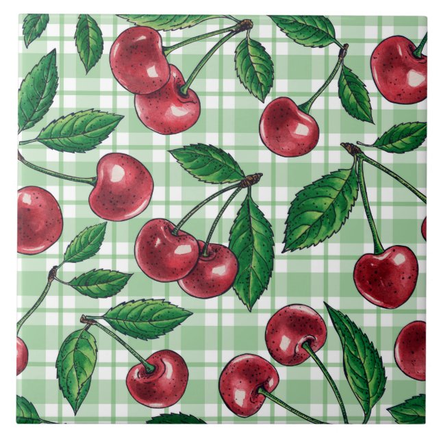 Red cherries on light green gingham fliese (Vorderseite)