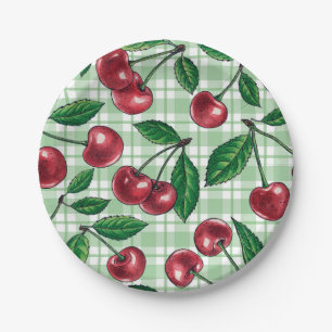 Red cherries on light green gingham pappteller