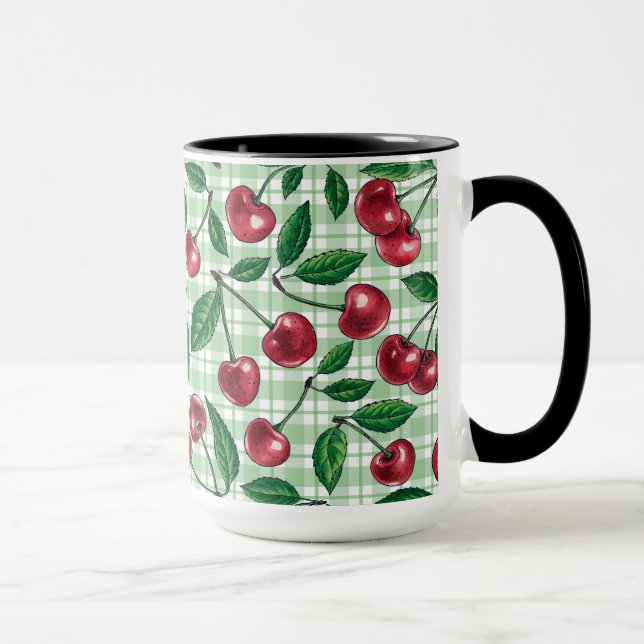 Red cherries on light green gingham tasse (Rechts)