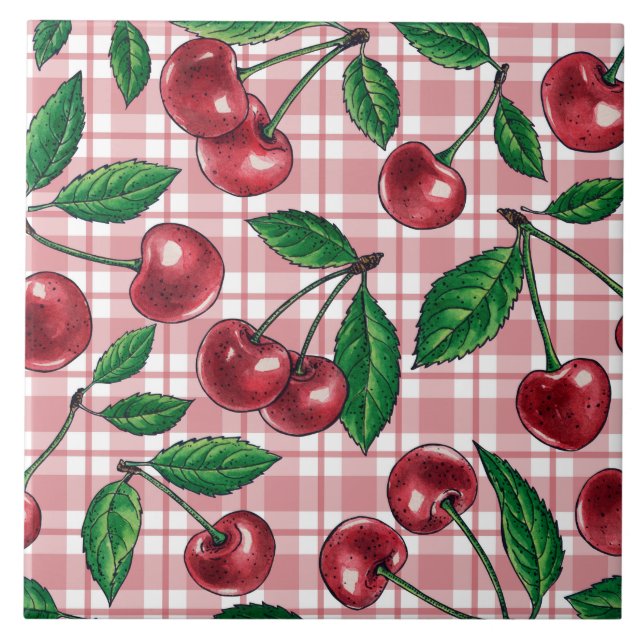 Red cherries on pink gingham fliese (Vorderseite)