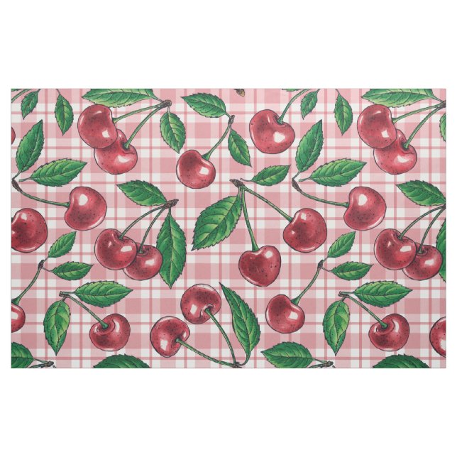 Red cherries on pink gingham stoff (Fat Quarter (45,7 x 55,9 cm))