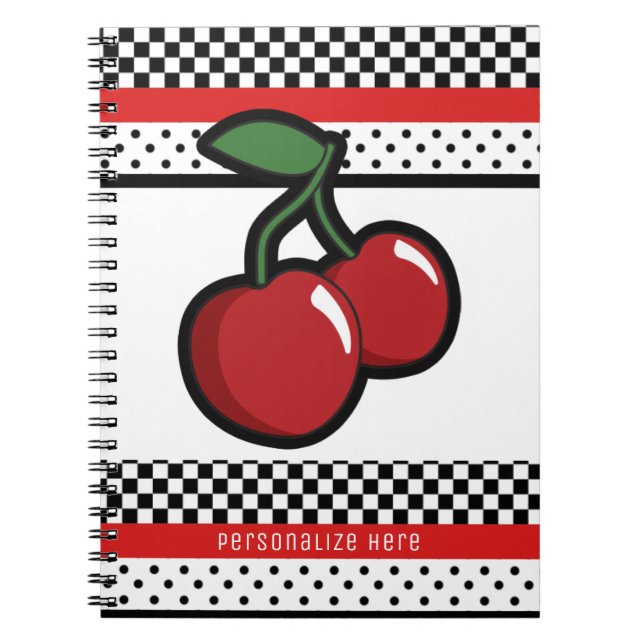 Red Cherries Red Black & White Retro Custom Notizblock (Vorderseite)