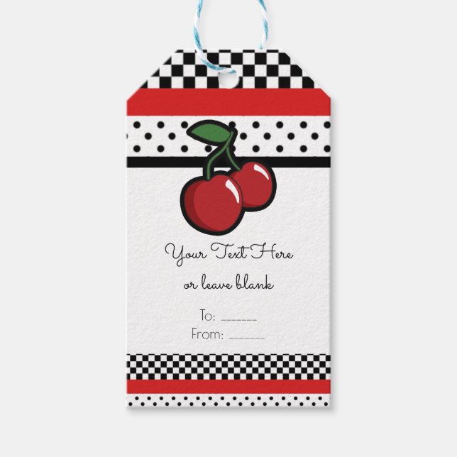 Red Cherries Retro Schwarz-weiß Red Gastgeschenk Geschenkanhänger (Vorderseite)