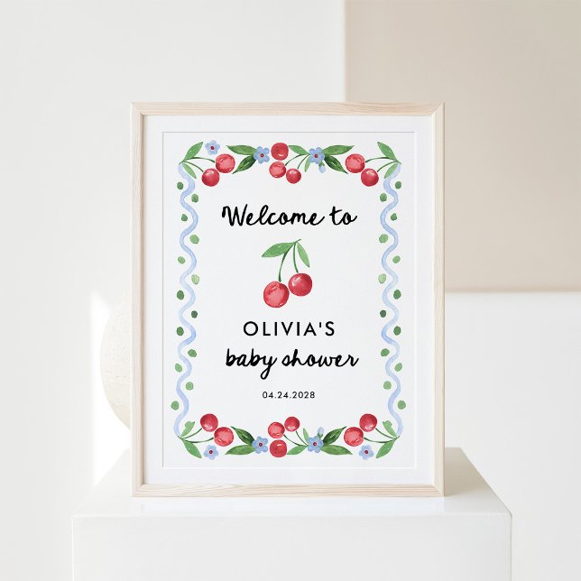 Red Cherries | Whimsical Retro Baby Dusche Willkom Poster (Von Creator hochgeladen)