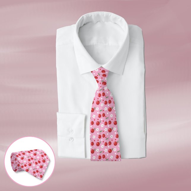 Red Cherries White Blume Pattern Pink Neck Tie Krawatte (Von Creator hochgeladen)