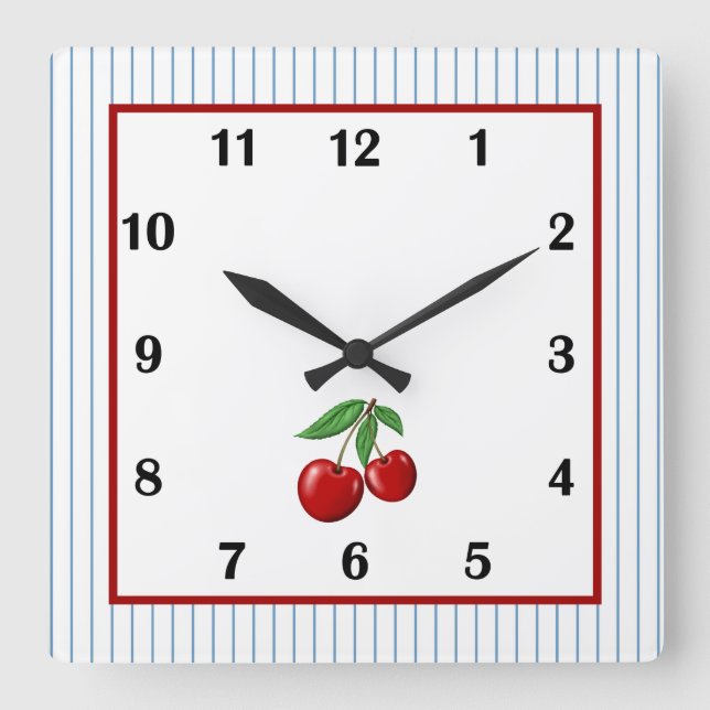 Red Cherry auf Blue Stripes Quadratische Wanduhr (Vorderseite)