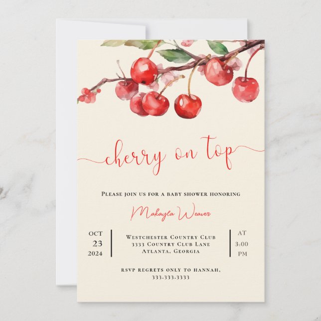 Red Cherry auf Top Baby Girl Dusche Einladung (Vorderseite)