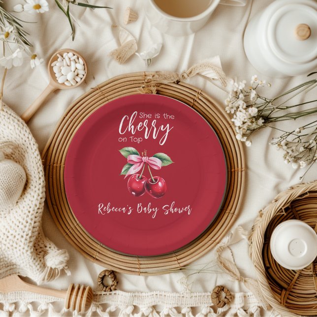 Red Cherry auf Top Coquette Pink Bow Baby Dusche Pappteller (Von Creator hochgeladen)