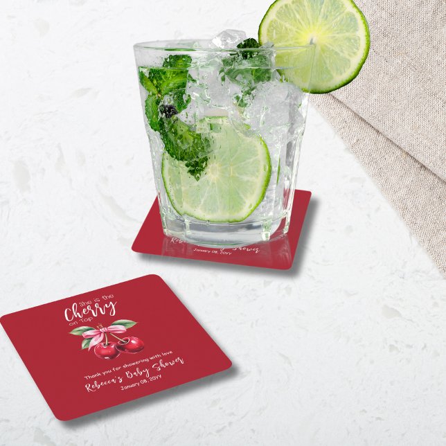 Red Cherry auf Top Coquette Pink Bow Baby Dusche Rechteckiger Pappuntersetzer (Von Creator hochgeladen)