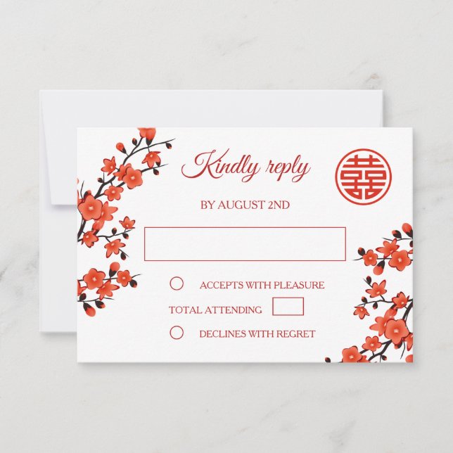 Red Cherry Blossom Chinese Wedding RSVP Karte (Vorderseite)