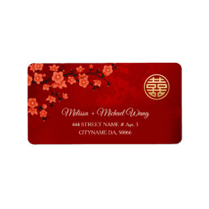 Red Cherry Blossom   Chinesische Hochzeit Adressaufkleber