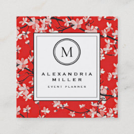 Red Cherry Blossom Floral | Monogramm Quadratische Visitenkarte