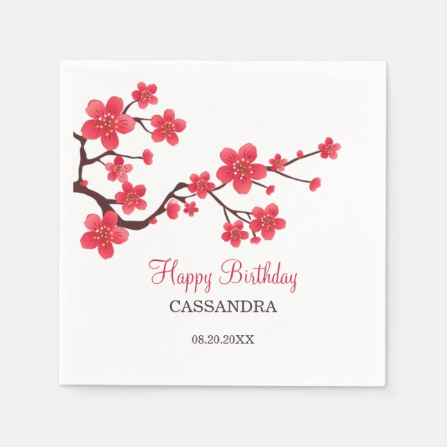 Red Cherry Blossom Sakura Floral Geburtstag Serviette (Vorderseite)