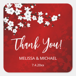 Red Cherry Blossom Thank You Wedding Favor   Quadratischer Aufkleber