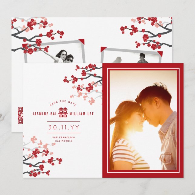 Red Cherry blüht chinesisches Double Happy Foto Save The Date (Vorne/Hinten)