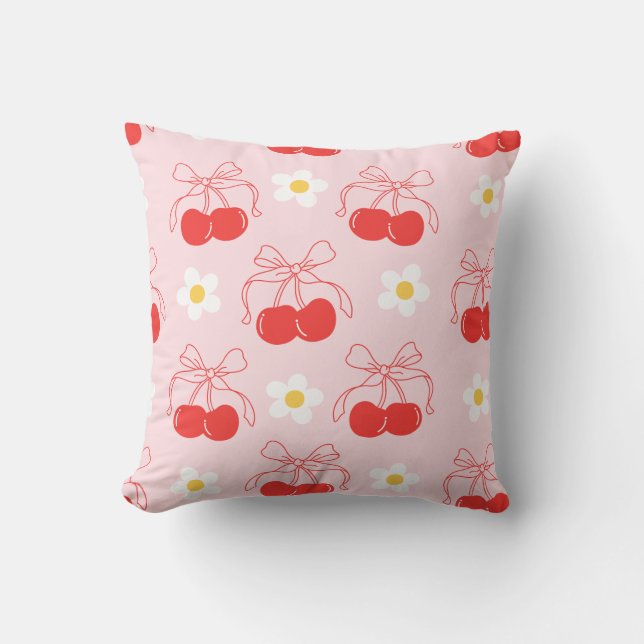 Red Cherry Coquette Bow Daisies Floral Kissen (Vorderseite)