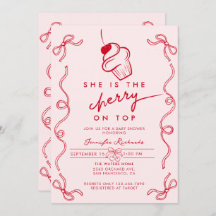 Red Cherry Cupcake Pink Girl Baby Dusche Einladung