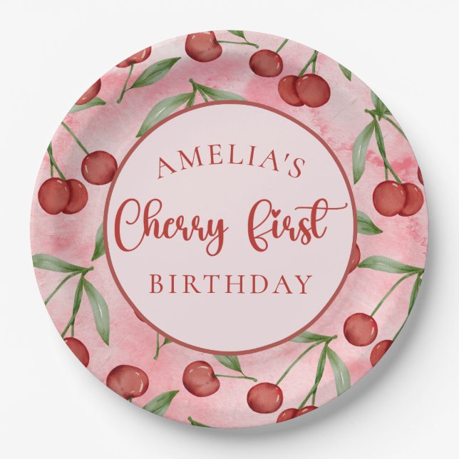 Red Cherry First Birthday Paper Teller (Vorderseite)