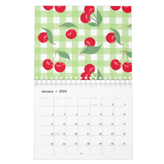Red Cherry Frucht Grüne Blätter Pastel Lumberjack Kalender (Jan 2026)