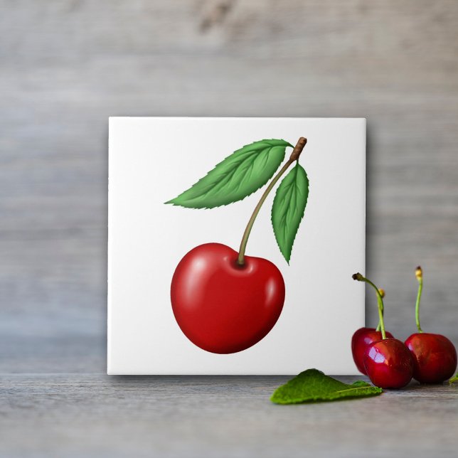 Red Cherry Fruit Fliese (Cherry Ceramic Tiles, use for kitchen backsplash, walls or order with optional frame for decor.)