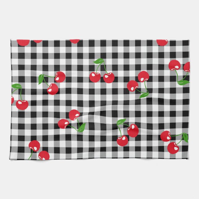 Red Cherry Gingham Black & White Buffalo Kariert Geschirrtuch (Horizontal)