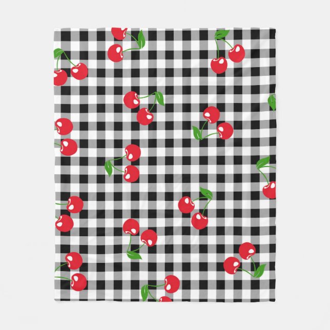 Red Cherry Gingham Black & White Checked Cosy Fleecedecke (Vorderseite)